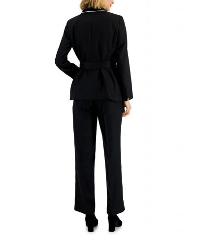 Women's Contrast-Trim Belted Jacket & Pants Black $59.50 Suits