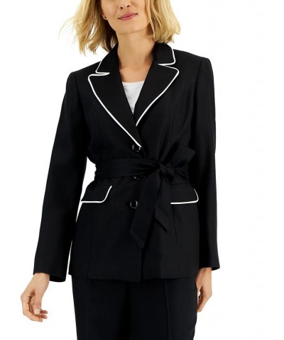 Women's Contrast-Trim Belted Jacket & Pants Black $59.50 Suits