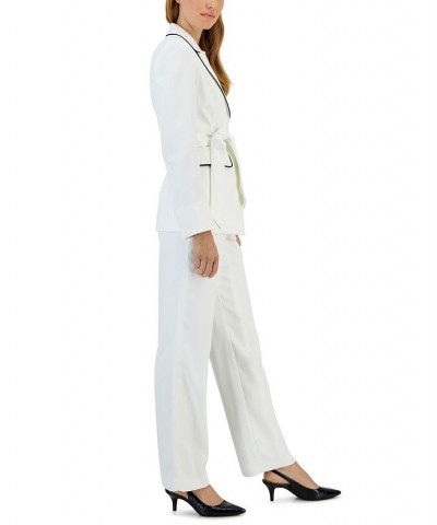 Women's Contrast-Trim Belted Jacket & Pants Black $59.50 Suits