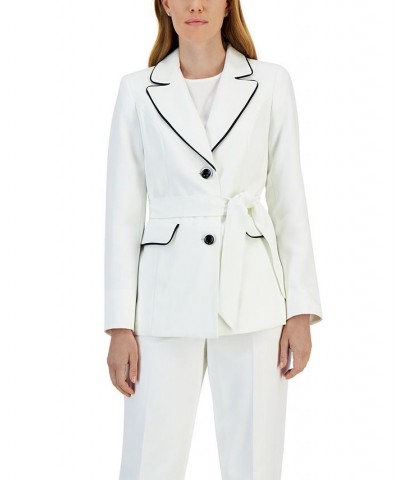 Women's Contrast-Trim Belted Jacket & Pants Black $59.50 Suits