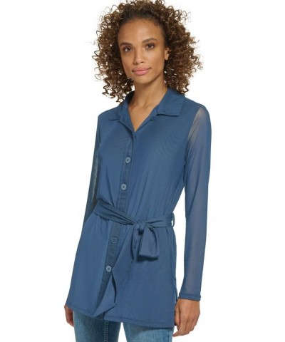 Women's Mesh Button-Front Belted Tunic Oceana $23.22 Tops