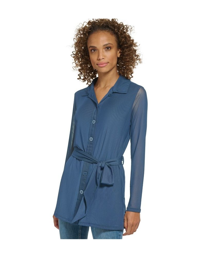 Women's Mesh Button-Front Belted Tunic Oceana $23.22 Tops