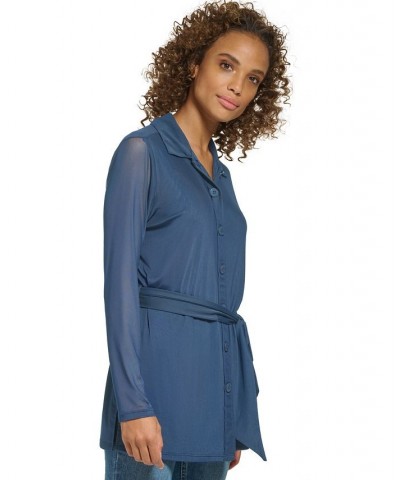 Women's Mesh Button-Front Belted Tunic Oceana $23.22 Tops