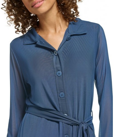 Women's Mesh Button-Front Belted Tunic Oceana $23.22 Tops