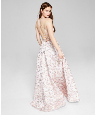 Juniors' Scoop-Neck Jacquard Ball Gown Off White/Pink/Gold $77.74 Dresses