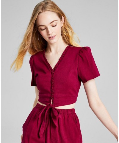 Women's Scalloped Tie-Front Puffed Sleeve Top Red $10.82 Tops