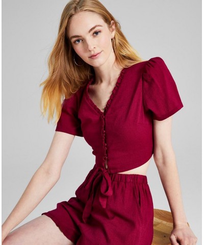 Women's Scalloped Tie-Front Puffed Sleeve Top Red $10.82 Tops