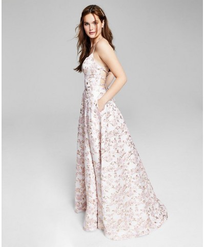 Juniors' Scoop-Neck Jacquard Ball Gown Off White/Pink/Gold $77.74 Dresses