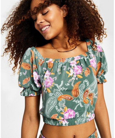 Women's Floral-Print Puff-Sleeve Cropped Top Patricia Paisly $18.54 Tops