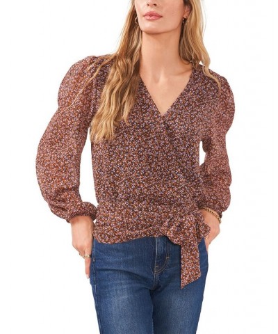 Women's Wrap Front Tie Waist Top Navy Multi $21.86 Tops