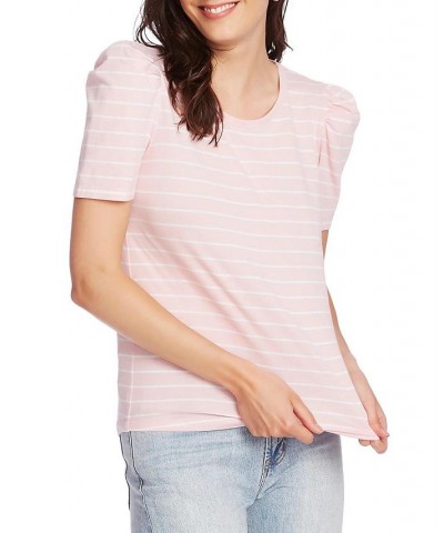 Women's Short Sleeve Classic Stripe Puff Sleeve T-shirt Fresh Peony $31.27 Tops