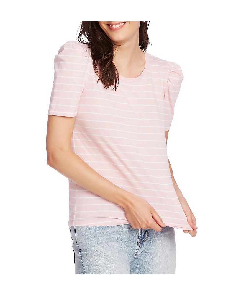 Women's Short Sleeve Classic Stripe Puff Sleeve T-shirt Fresh Peony $31.27 Tops