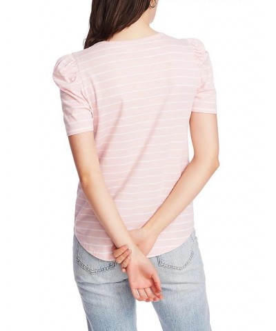 Women's Short Sleeve Classic Stripe Puff Sleeve T-shirt Fresh Peony $31.27 Tops