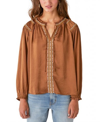 Embroidered Satin Split Neckline Peasant Top Tapenade $23.00 Tops