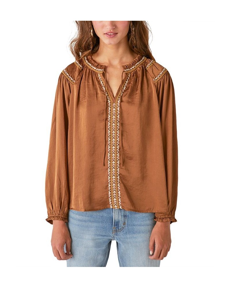 Embroidered Satin Split Neckline Peasant Top Tapenade $23.00 Tops