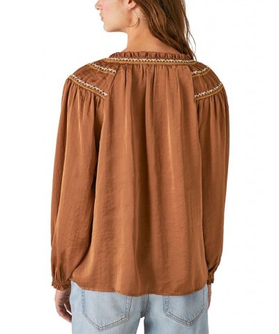 Embroidered Satin Split Neckline Peasant Top Tapenade $23.00 Tops