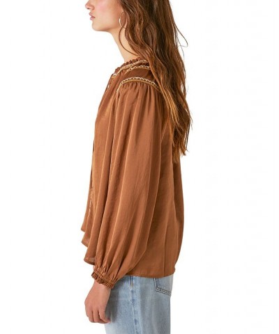 Embroidered Satin Split Neckline Peasant Top Tapenade $23.00 Tops