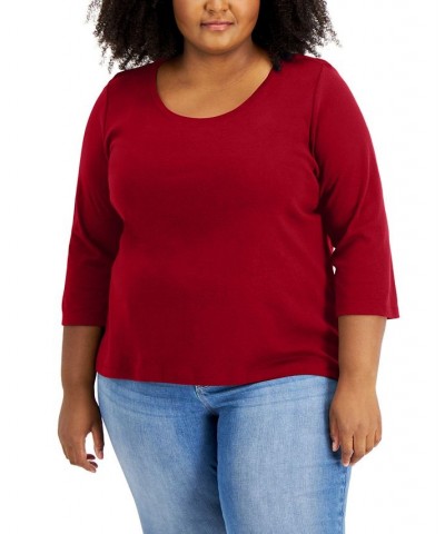 Plus Size Cotton 3/4-Sleeve T-Shirt Red $15.47 Tops