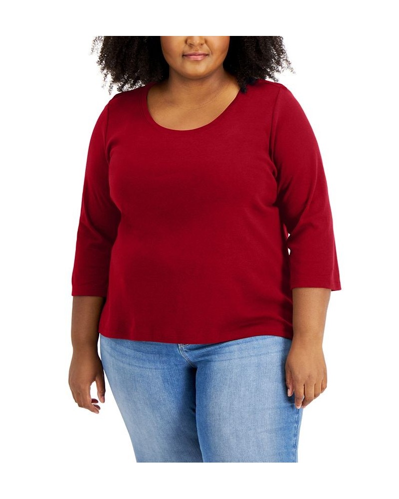 Plus Size Cotton 3/4-Sleeve T-Shirt Red $15.47 Tops