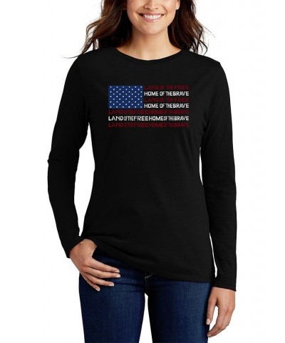 Women's Land of the Free American Flag Word Art Long Sleeve T-shirt Black $19.60 Tops