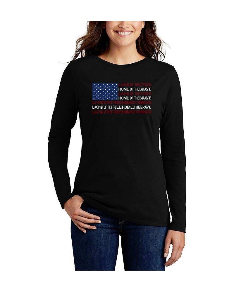 Women's Land of the Free American Flag Word Art Long Sleeve T-shirt Black $19.60 Tops