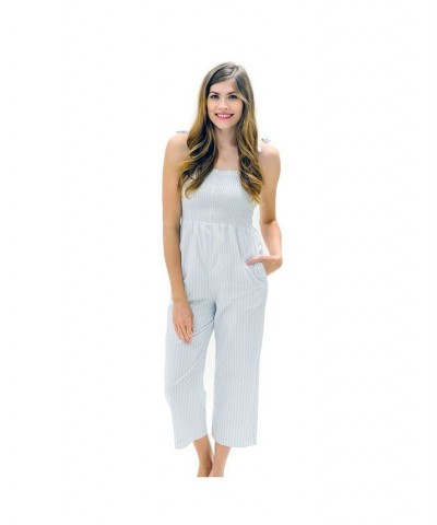 Womens' Organic Cotton Smocked Button Front Jumpsuit Classic Blue Ticking Stripe $25.78 Pants