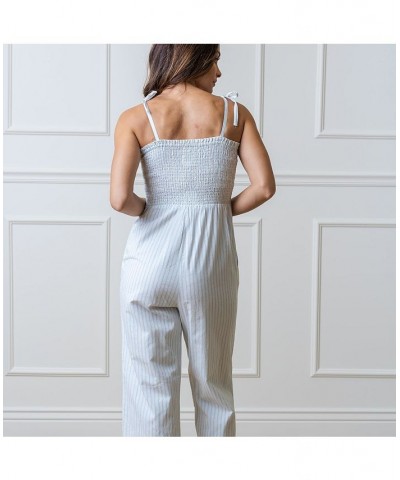 Womens' Organic Cotton Smocked Button Front Jumpsuit Classic Blue Ticking Stripe $25.78 Pants