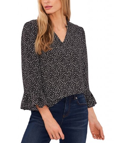 Women's Ruffled V-Neck Elbow-Sleeve Blouse Black $28.78 Tops