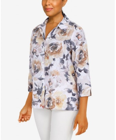 Women's Classics Watercolor Floral Burnout 3/4 Sleeve Top Neutral $28.50 Tops