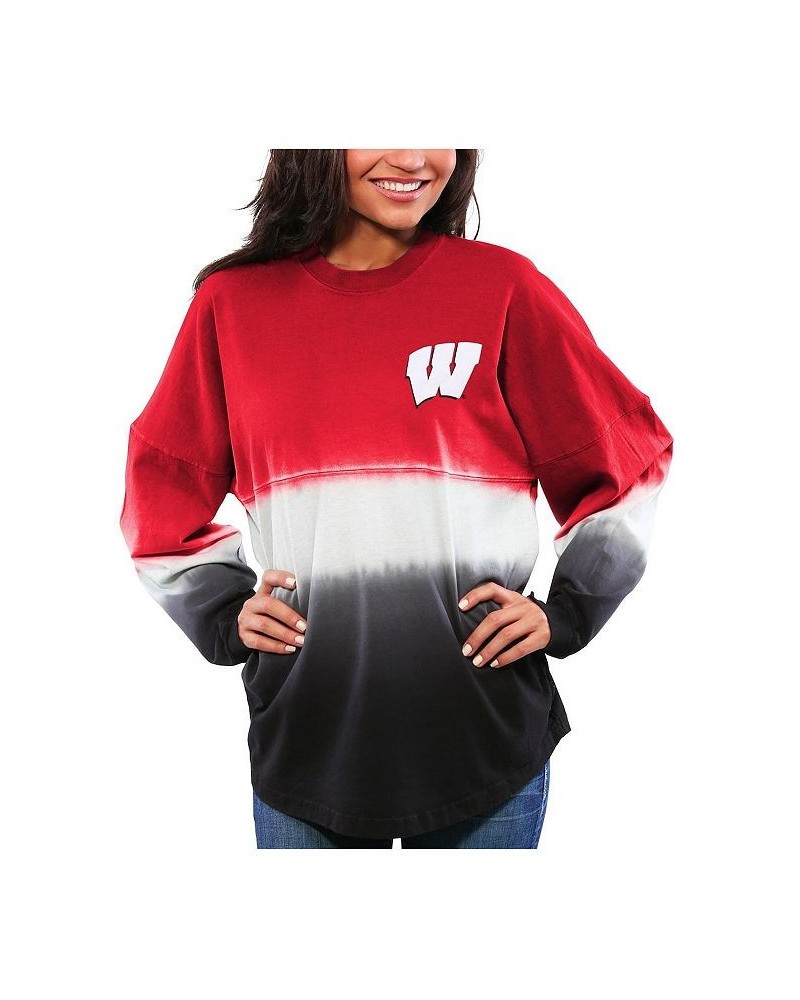 Women's Red Wisconsin Badgers Ombre Long Sleeve Dip-Dyed Spirit Jersey Red $48.44 Tops