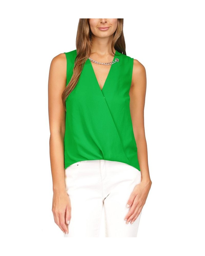 Women's Crepe Chain Faux-Wrap Top Green $20.63 Tops