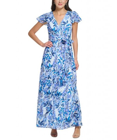 Women's V-Neck Flutter-Sleeve Belted Maxi Dress Blue $67.64 Dresses