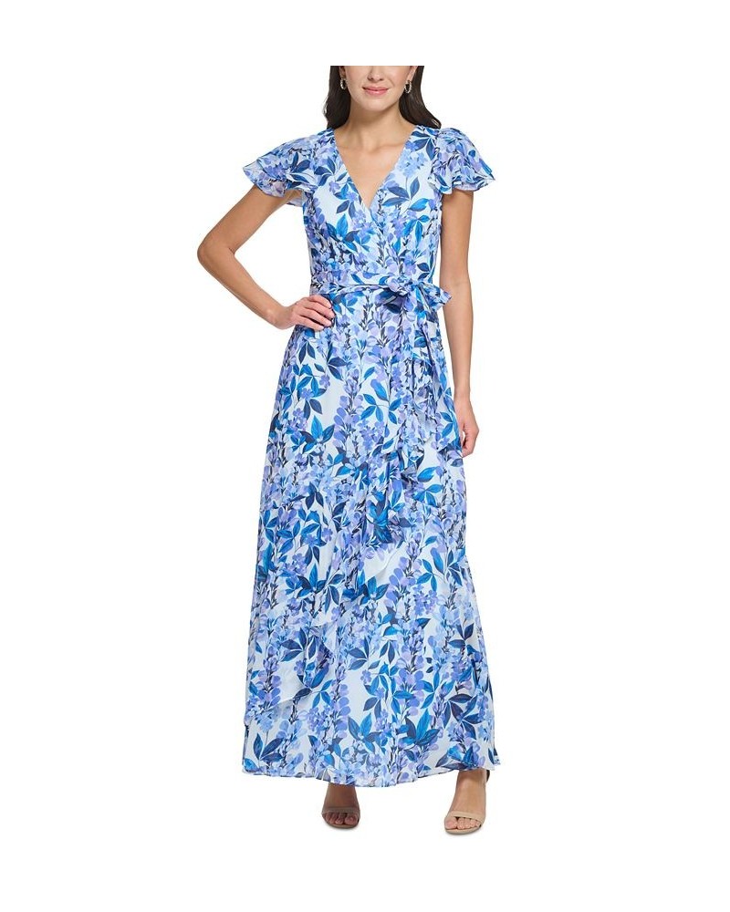 Women's V-Neck Flutter-Sleeve Belted Maxi Dress Blue $67.64 Dresses