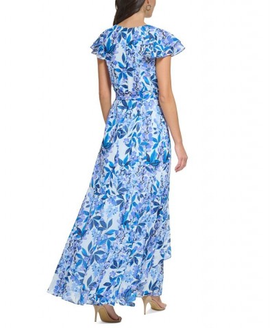 Women's V-Neck Flutter-Sleeve Belted Maxi Dress Blue $67.64 Dresses