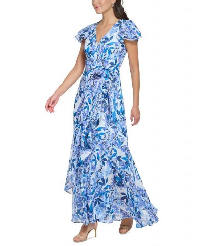 Women's V-Neck Flutter-Sleeve Belted Maxi Dress Blue $67.64 Dresses