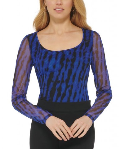 Women's Scoop-Neck Printed Mesh Long-Sleeve Bodysuit Blue $15.75 Tops