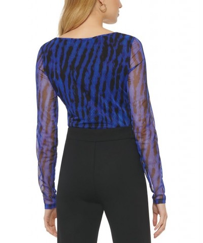 Women's Scoop-Neck Printed Mesh Long-Sleeve Bodysuit Blue $15.75 Tops