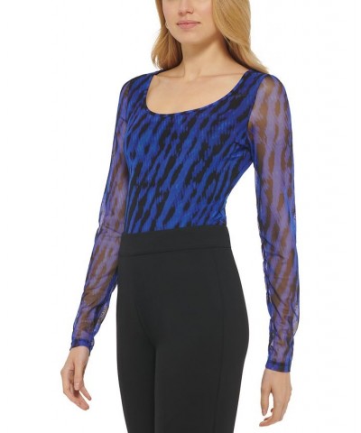 Women's Scoop-Neck Printed Mesh Long-Sleeve Bodysuit Blue $15.75 Tops