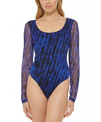 Women's Scoop-Neck Printed Mesh Long-Sleeve Bodysuit Blue $15.75 Tops