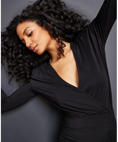 Women's Surplice Side-Ruched Knit Dress Black $32.31 Dresses