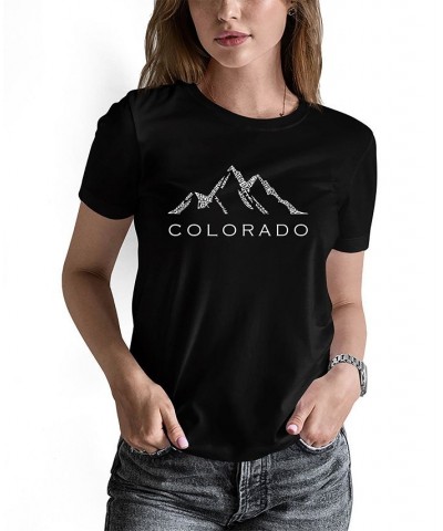 Women's Word Art Colorado Ski Towns Short Sleeve T-shirt Black $17.50 Tops