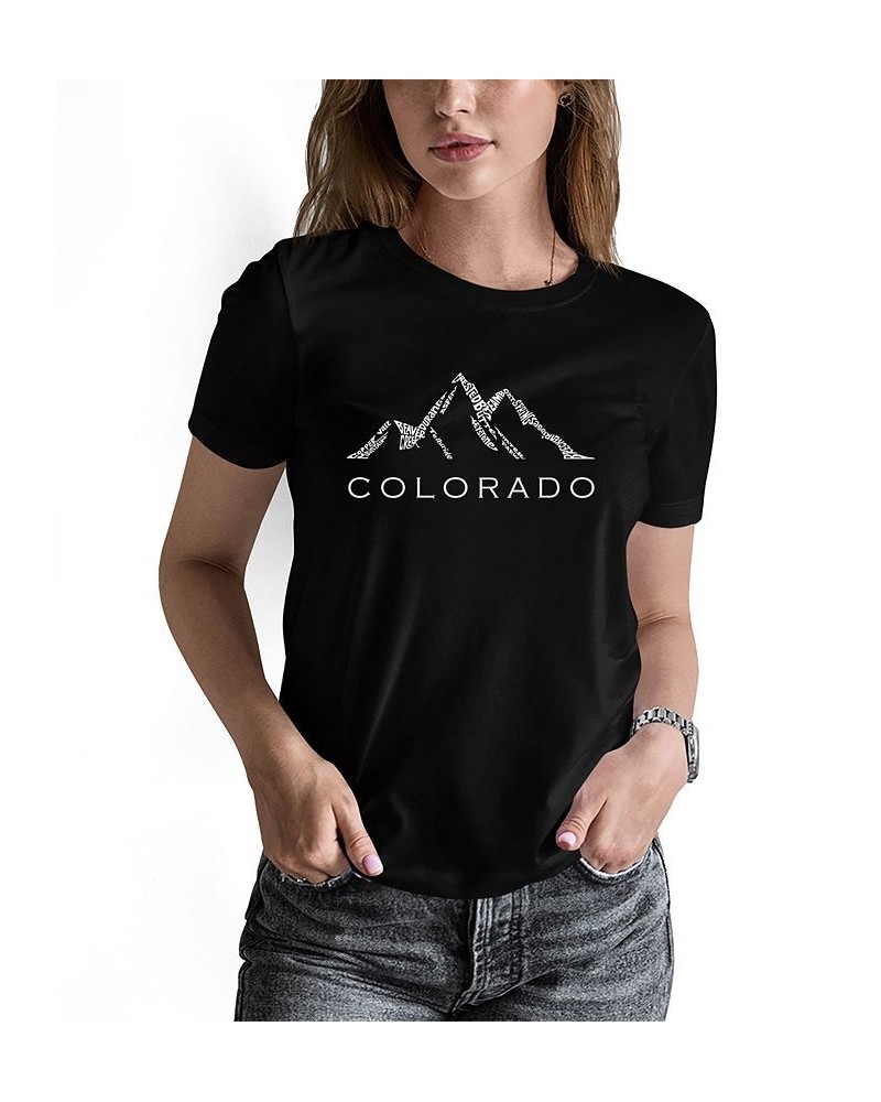 Women's Word Art Colorado Ski Towns Short Sleeve T-shirt Black $17.50 Tops