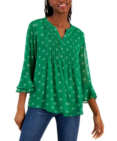 Women's Floral 3/4-Sleeve Pintuck Top Green $25.96 Tops