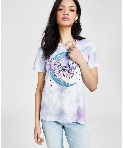 Juniors' Tie-Dyed Butterfly-Moon-Graphic T-Shirt Lavender $9.87 Tops