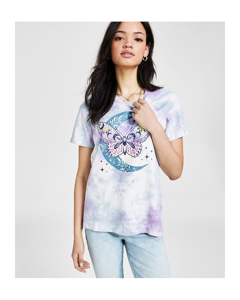 Juniors' Tie-Dyed Butterfly-Moon-Graphic T-Shirt Lavender $9.87 Tops