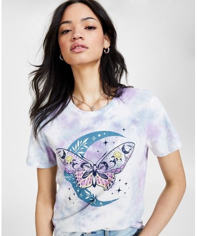 Juniors' Tie-Dyed Butterfly-Moon-Graphic T-Shirt Lavender $9.87 Tops