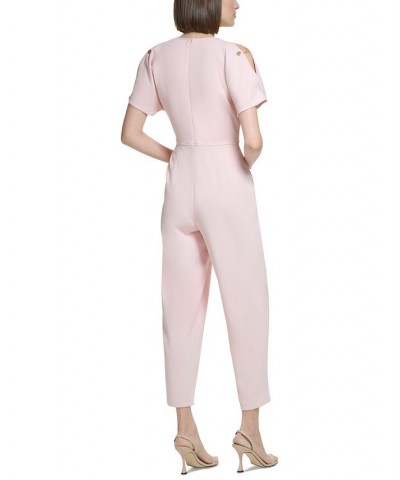 Women's Split-Sleeve Chain-Trim Jumpsuit Pink $59.60 Pants