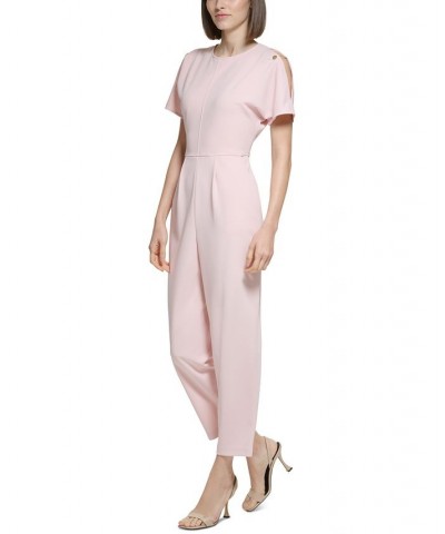 Women's Split-Sleeve Chain-Trim Jumpsuit Pink $59.60 Pants