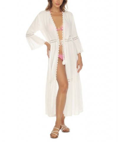 Women's Open-Front Lace-Inset 3/4-Sleeve Cover-Up White $27.20 Swimsuits