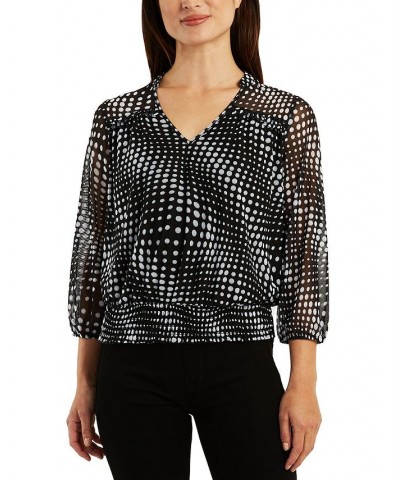 Juniors' Dot-Print Mesh 3/4-Sleeve Smocked-Hem Top Pat H $14.40 Tops